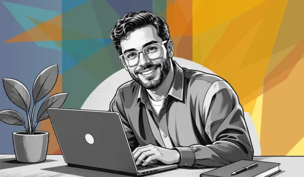 Illustration: Mann arbeitet am Laptop – Weiterbildung für Arbeitnehmende