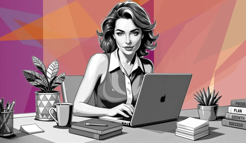 Illustration: Frau arbeitet am Laptop – Weiterbildung für Arbeitssuchende