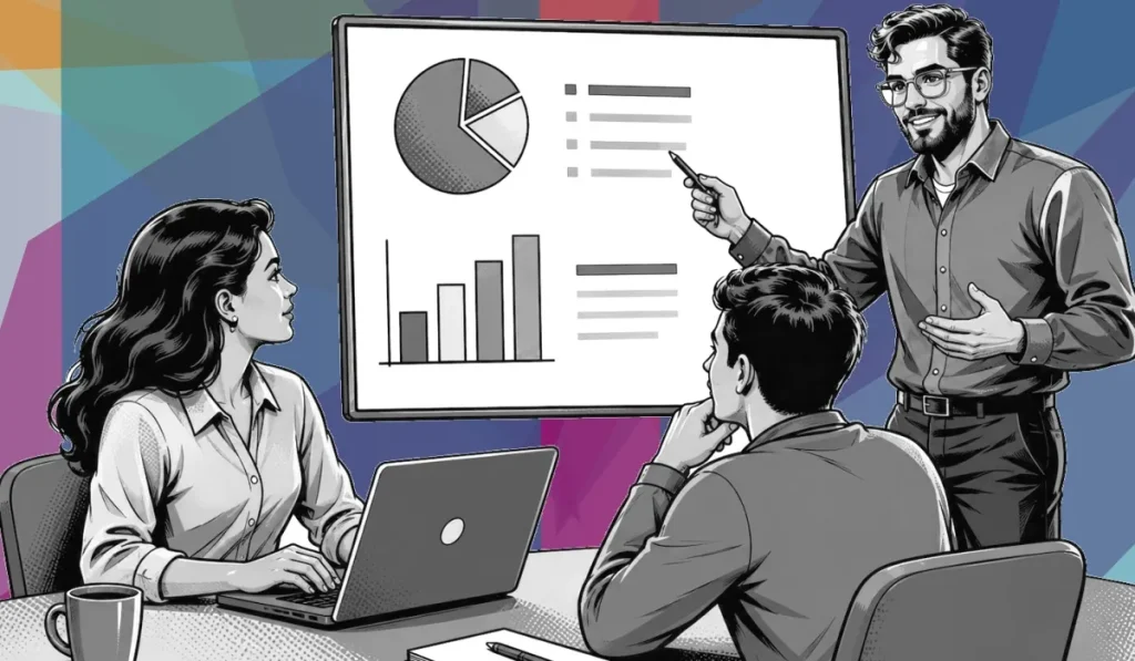 Illustration: Team bei einer Präsentation – Weiterbildung für Unternehmen